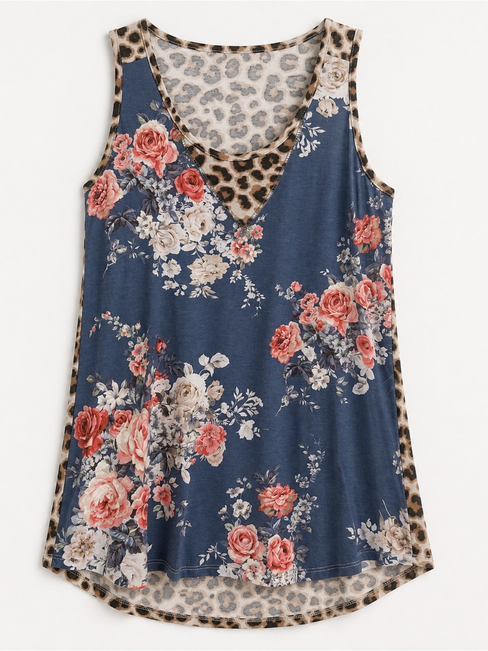 Avery Blue Floral Tank with Leopard Trim